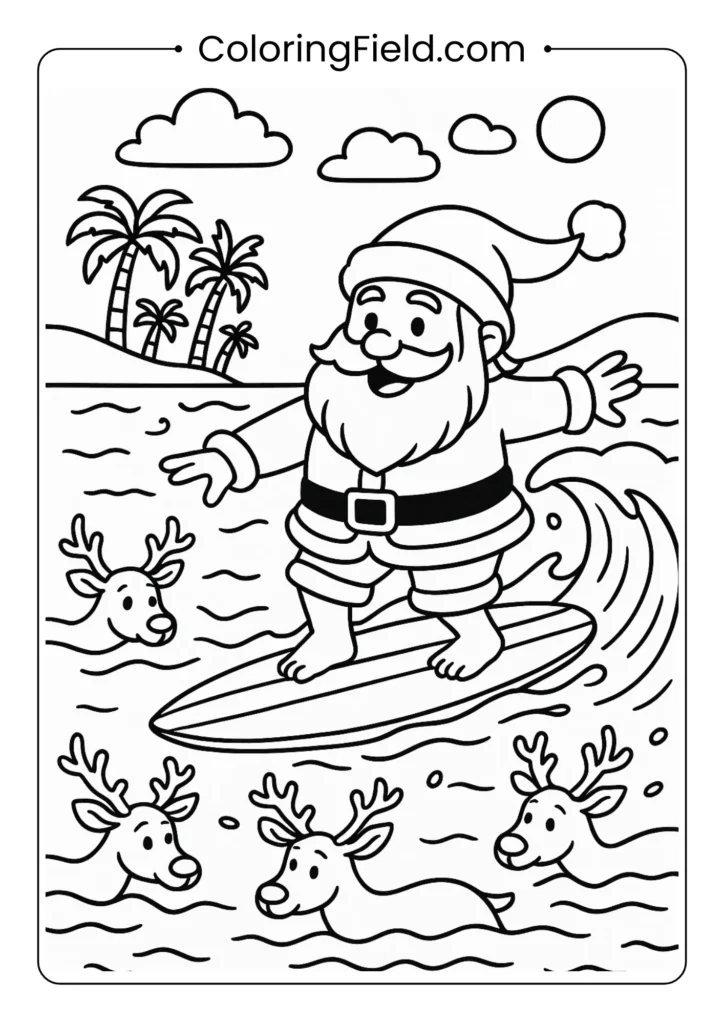 Humorous Santa surfing coloring page with reindeer swimming and detailed waves