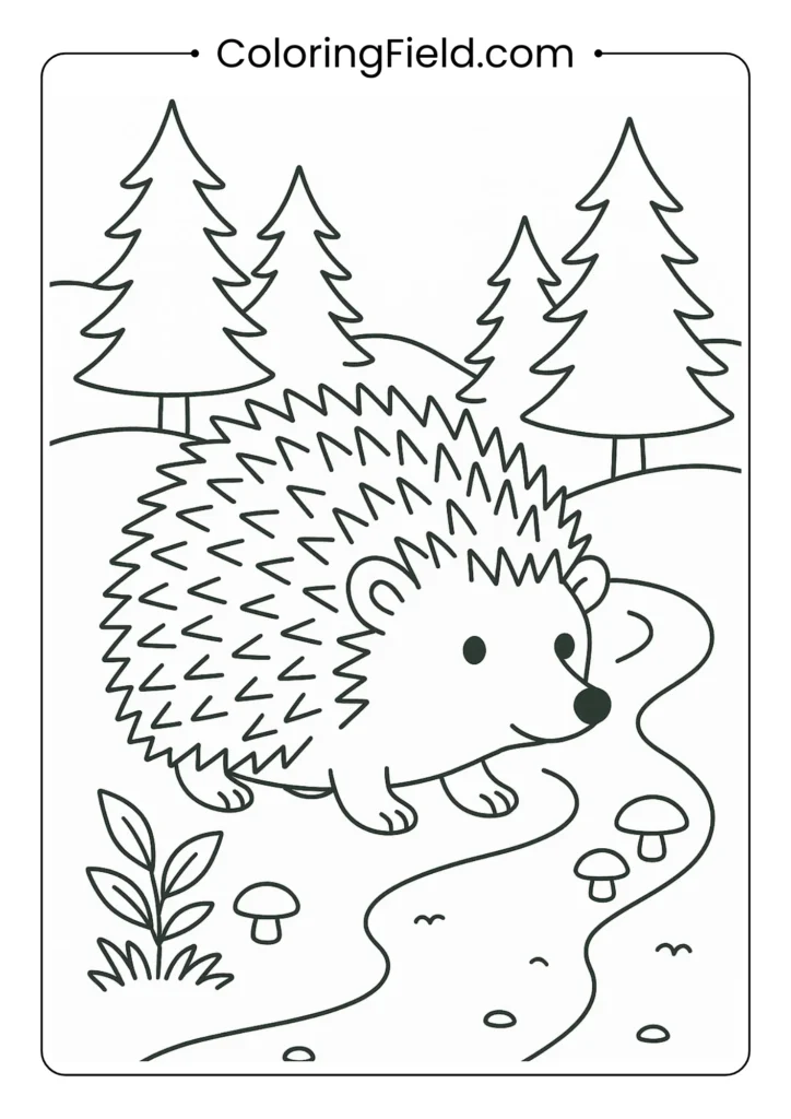 Hedgehog coloring page with spiky texture walking on dirt path with mushrooms