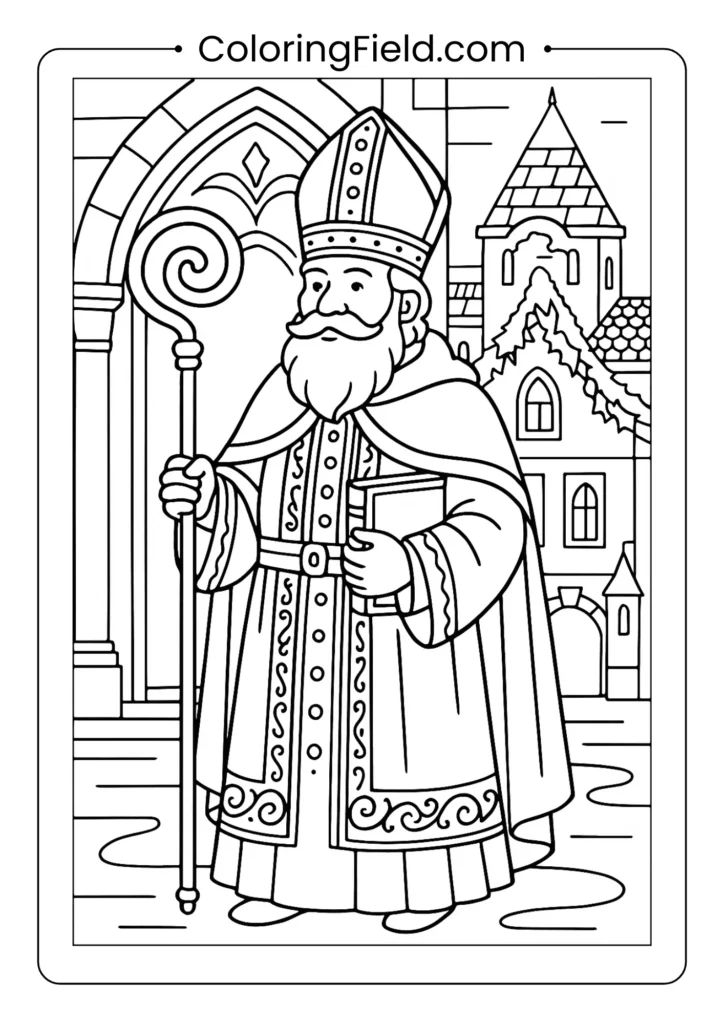Traditional European St. Nicholas coloring page with cultural clothing and architecture