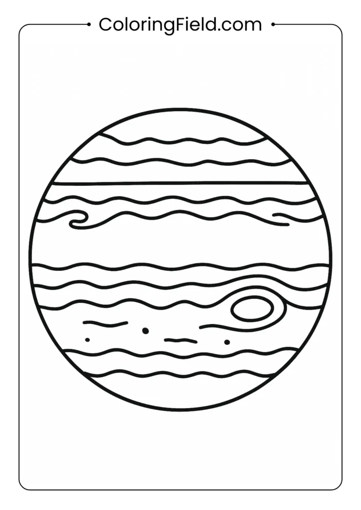 Jupiter with Great Red Spot and band patterns outlined for kids coloring page