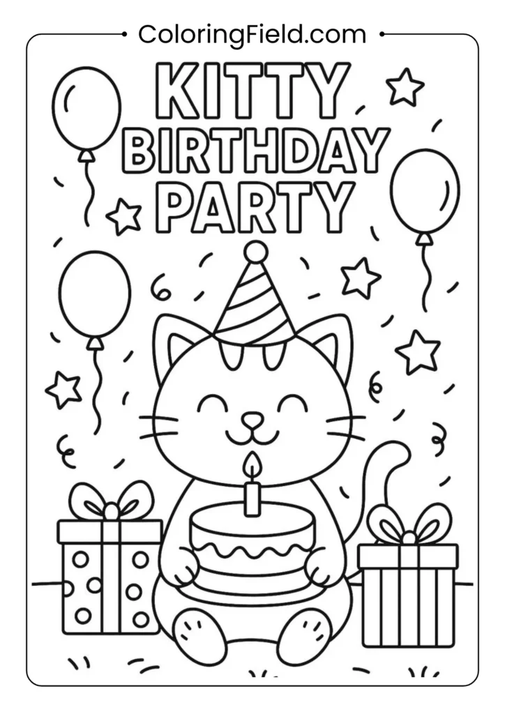 Cute kitten celebrating at a birthday party with balloons and cake.