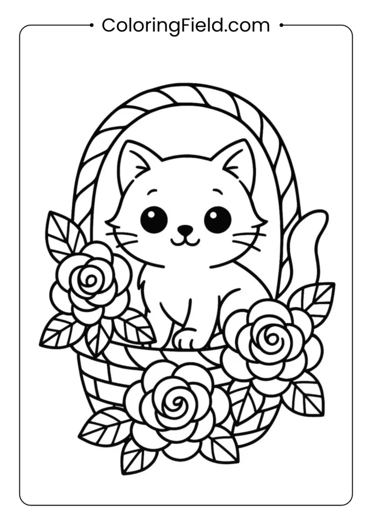 Cute kitten sitting inside a basket decorated with roses.