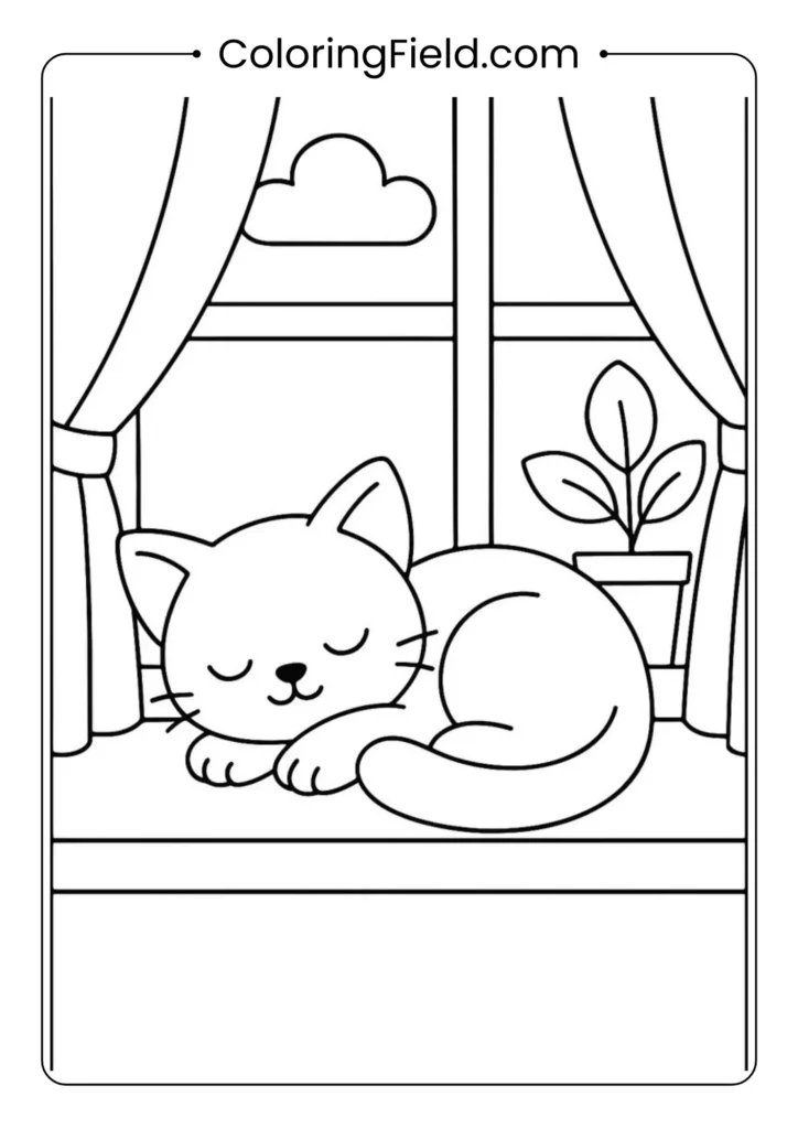 Peaceful kitten sleeping beside a window.