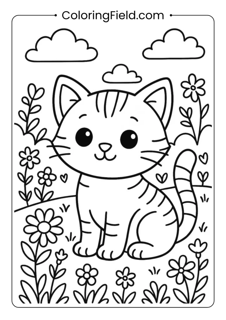 Cute kitten sitting in a grassy meadow with flowers.