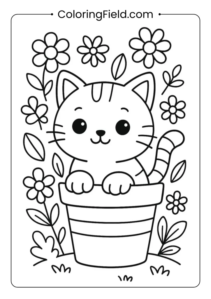Cute kitten sitting inside a flower pot.