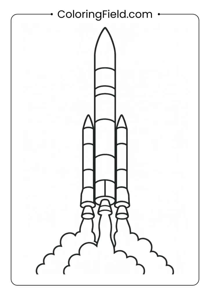 Multi-stage rocket launching with exhaust flames as line art for kids