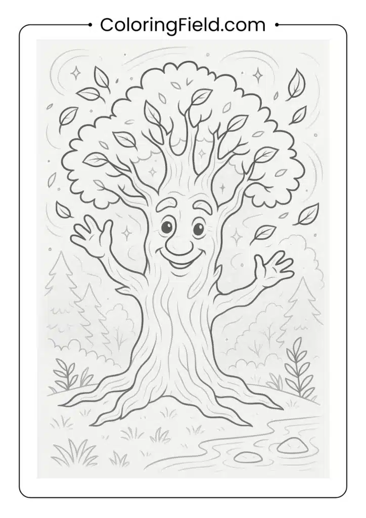 Magical tree coloring page with kind face showing eyes and mouth in bark