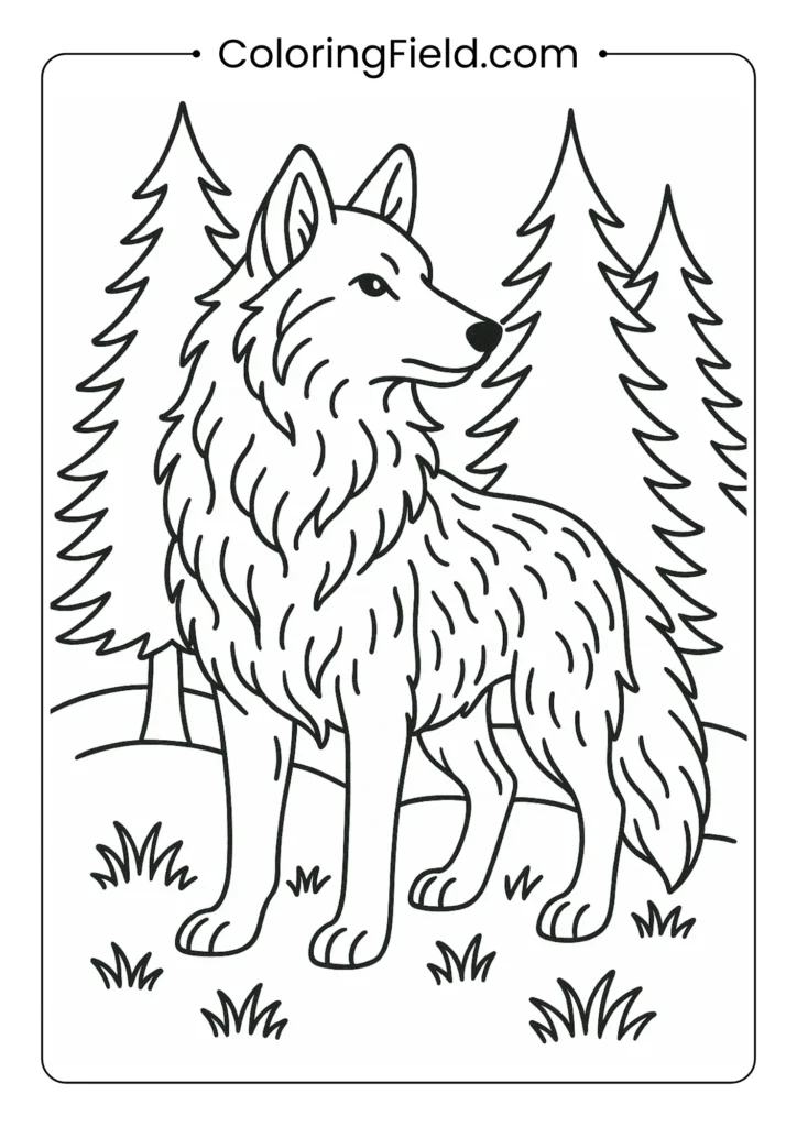 Wolf coloring page showing noble wolf with detailed fur among evergreen trees