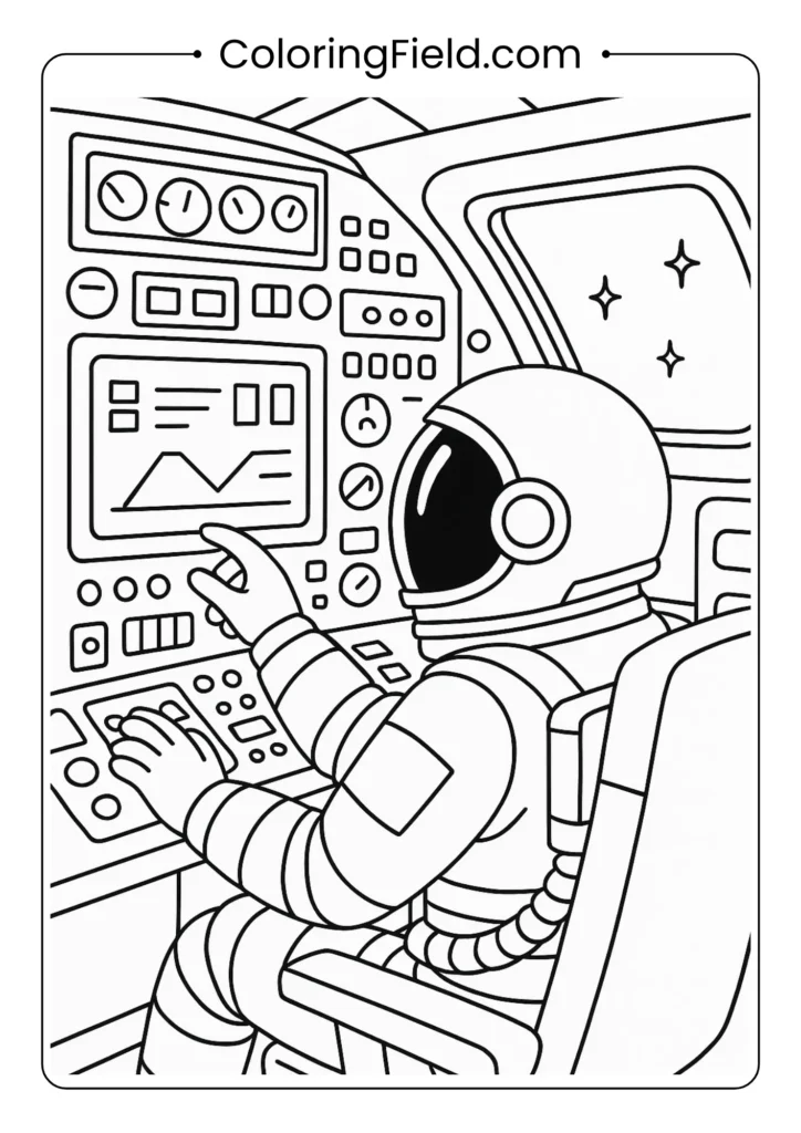 Astronaut inside spacecraft operating controls and instruments for coloring