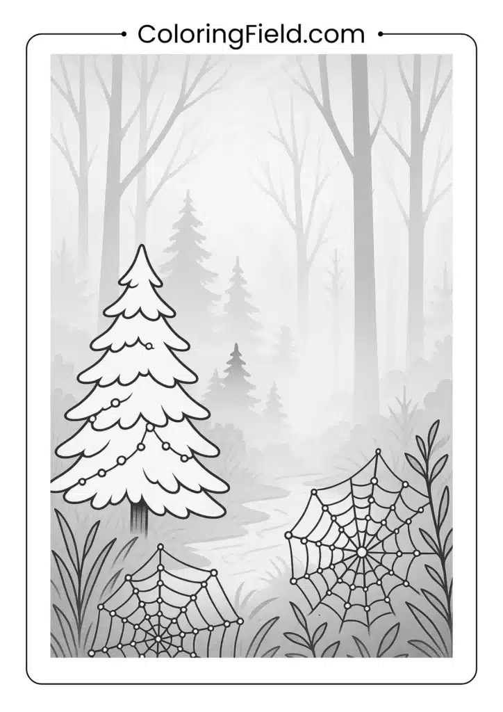 Misty forest coloring page with fog-covered trees and dewdrop spider webs