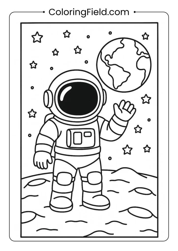 Astronaut on moon surface with Earth and stars background for kids coloring