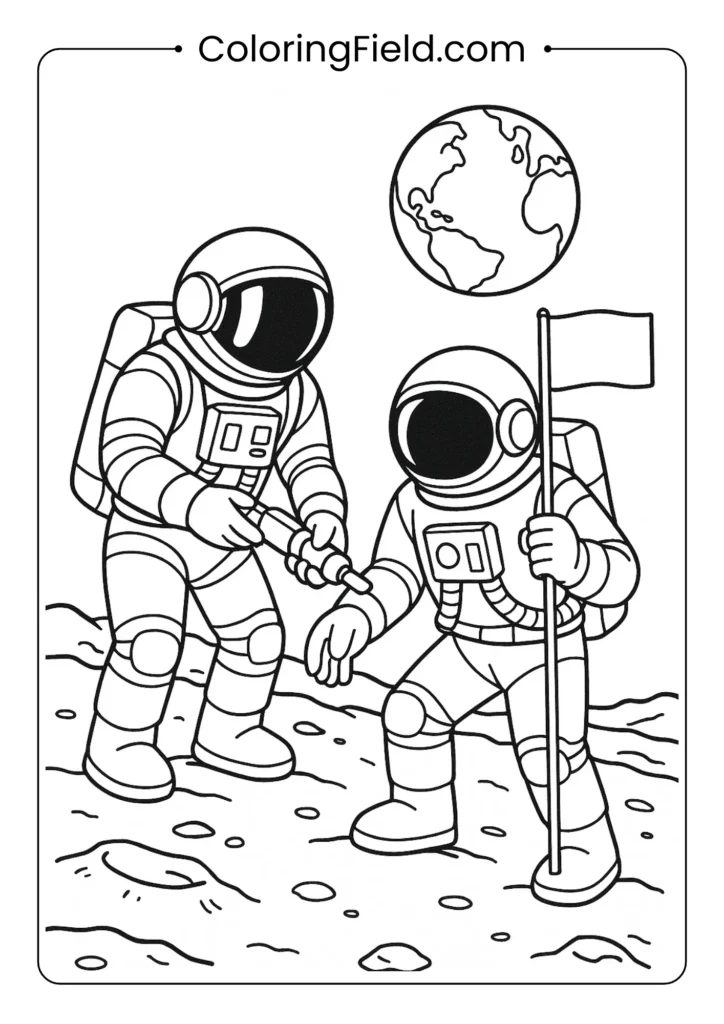 Two astronauts working together on moon exploration outline for children