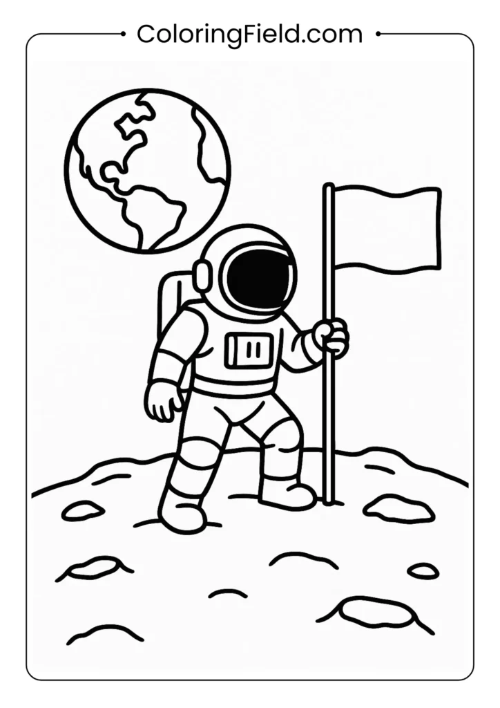 Astronaut planting flag on lunar surface with Earth visible for kids coloring