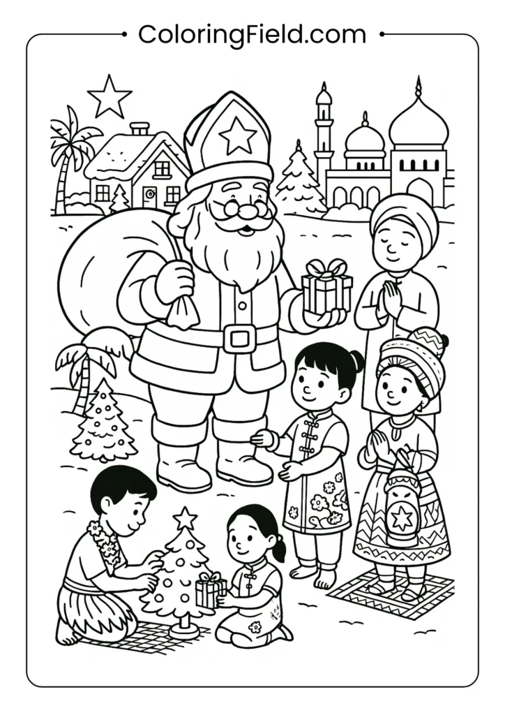 Santa visiting children worldwide coloring page showing diverse cultural Christmas traditions