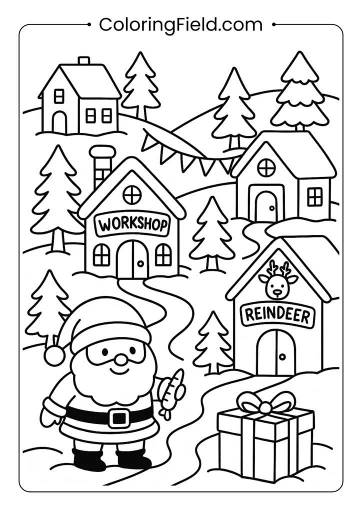 Christmas village at North Pole coloring page with multiple buildings