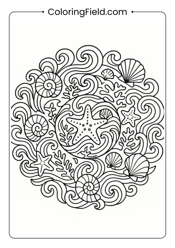 Ocean wave mandala design with seashells, starfish, coral patterns in flowing circular arrangement