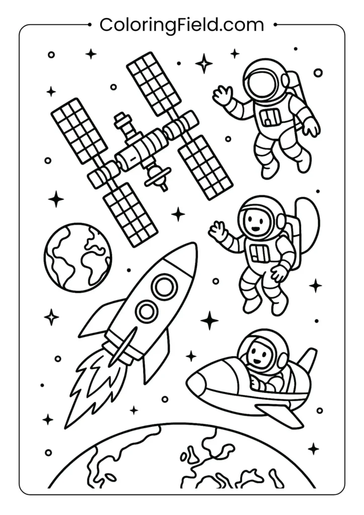 Space station orbiting Earth with astronauts and spacecraft detailed outline