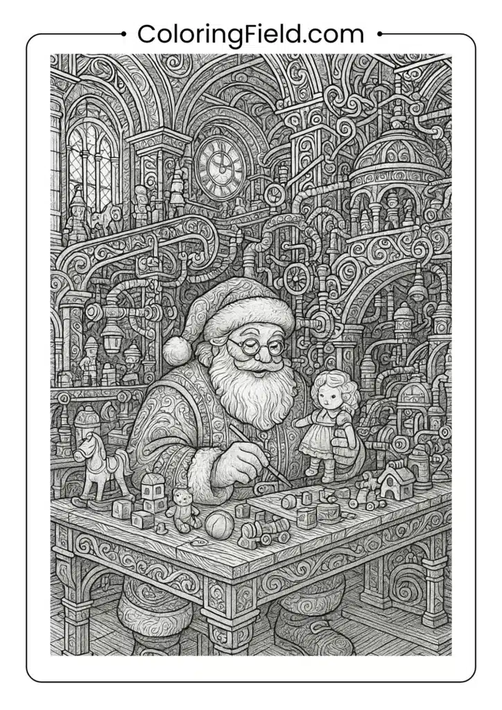 Extremely detailed Christmas workshop coloring page with elaborate machinery and decorations