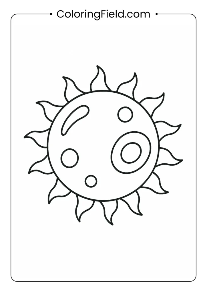 Sun with solar flares and sunspots in outline format for kids coloring