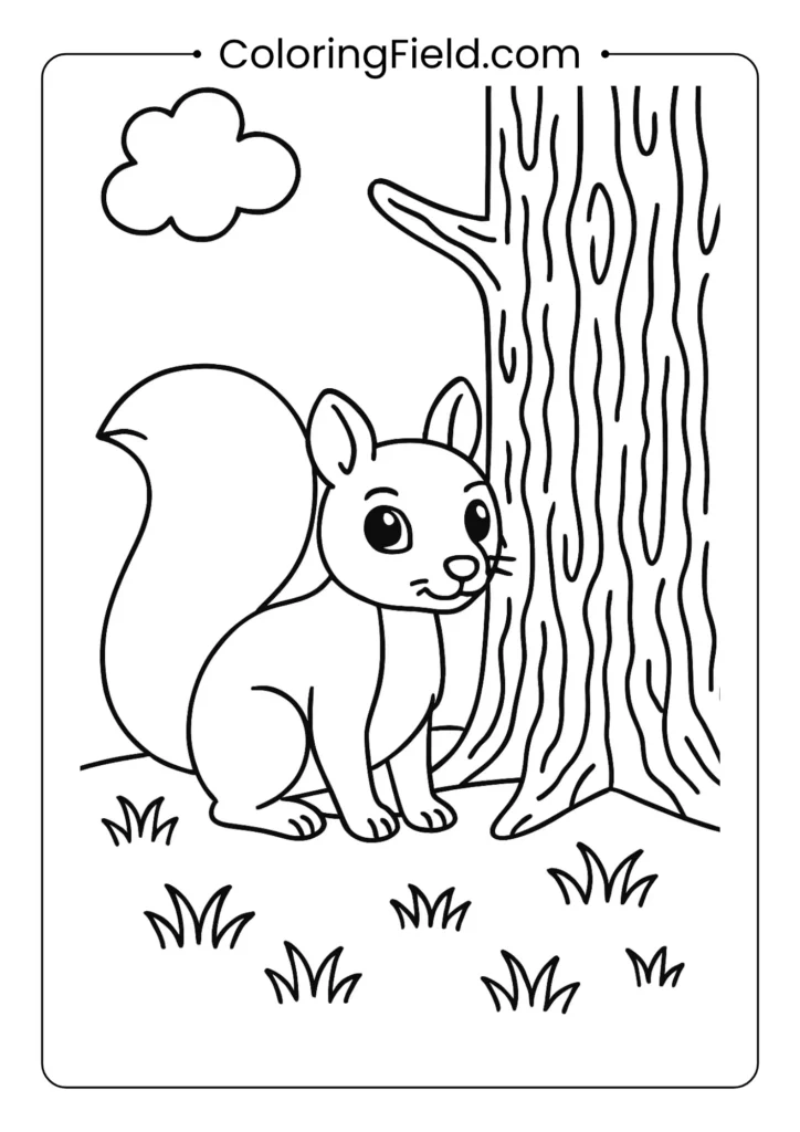 Fox coloring page showing curious fox with bushy tail hiding behind tree trunk