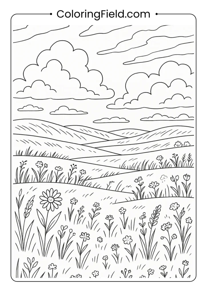 Expansive prairie landscape with rolling hills, native grasses, wildflowers and dramatic sky