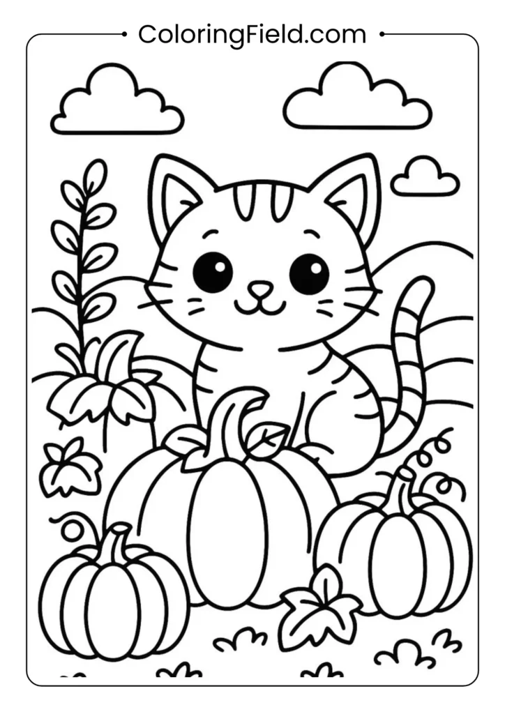 Cute kitten sitting in a pumpkin patch.