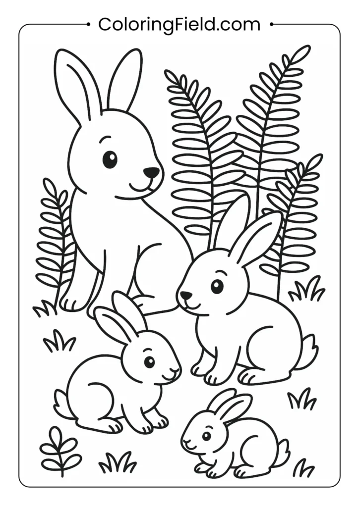 Rabbit family coloring page showing three rabbits hopping through ferns and plants