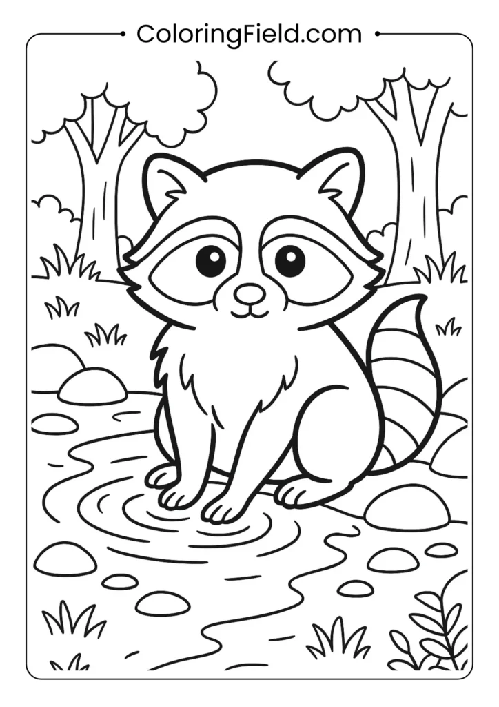 Raccoon coloring page with face mask markings sitting by forest stream