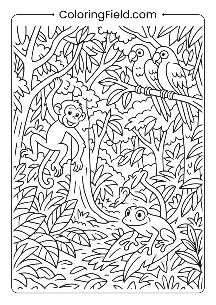 Lush rainforest canopy scene with swinging monkeys, colorful parrots and tree frogs in layered vegetation