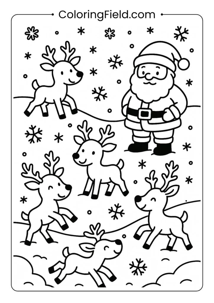 Reindeer playing in snow coloring page with Santa watching