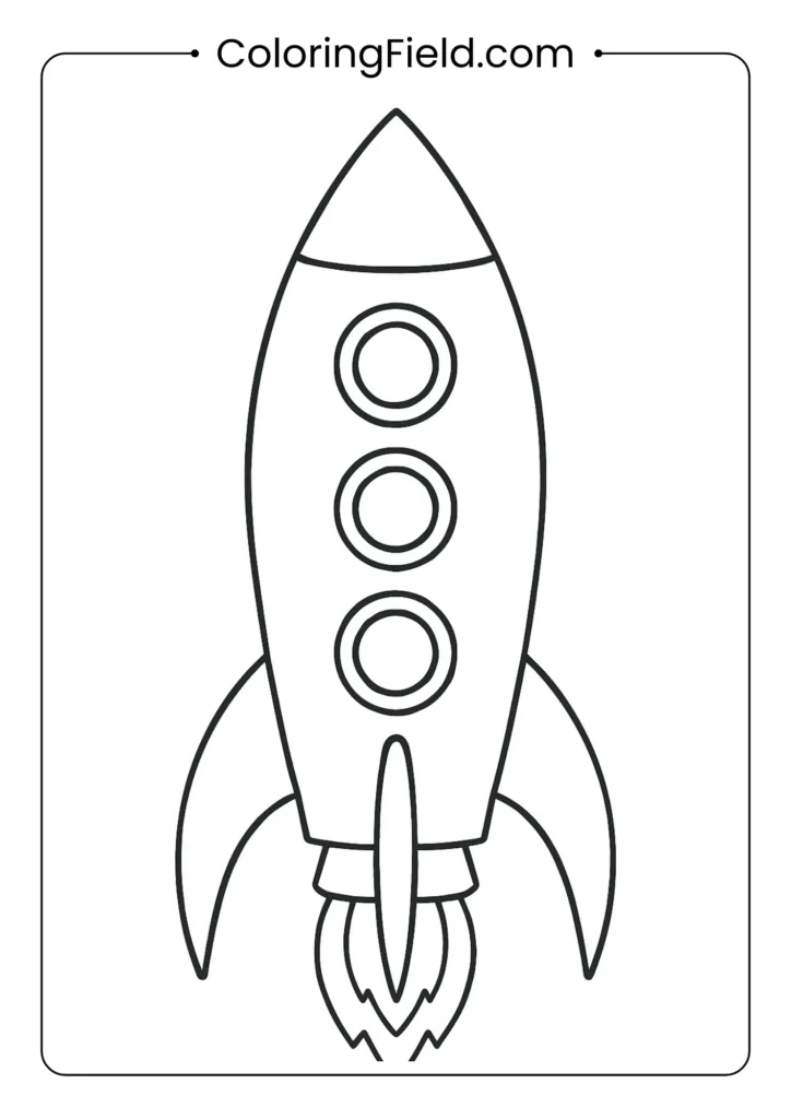 Retro 1950s style rocket ship with porthole windows outline for coloring