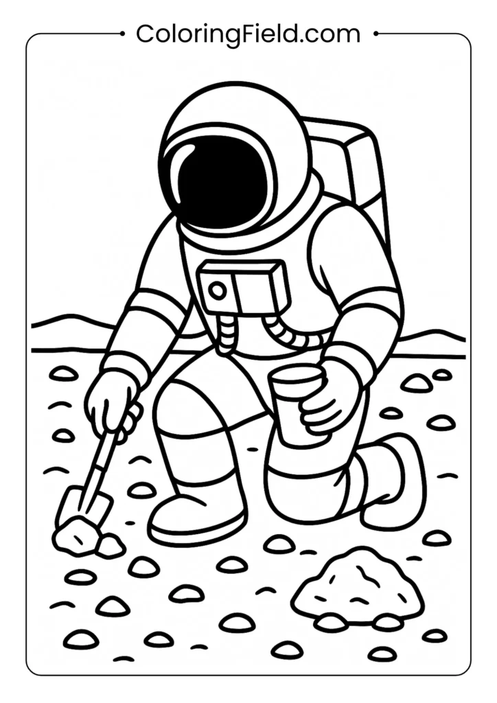 Astronaut collecting rock samples with special tools outlined for coloring