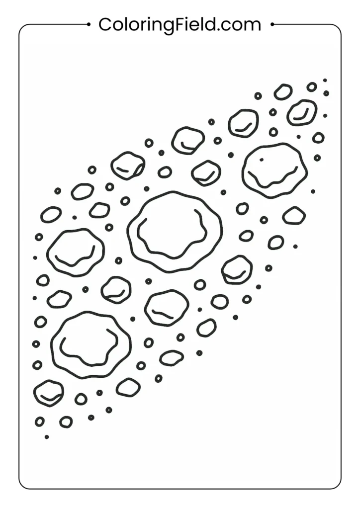 Asteroid belt with various sized rocks floating in space outline drawing