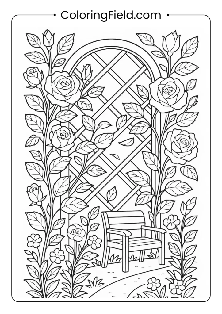 Climbing roses on ornate garden trellis with blooms at different stages, thorny stems and garden pathway