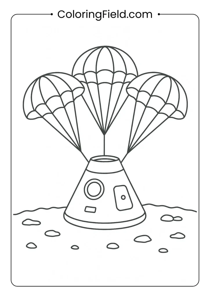 Space capsule with parachutes deploying for landing outline drawing
