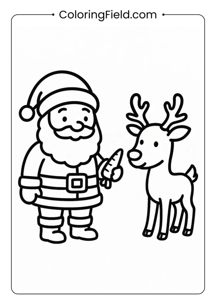 Santa giving carrot to reindeer coloring page for preschoolers