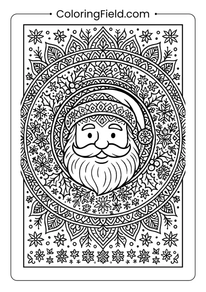 Intricate Santa mandala coloring page with geometric patterns for adults