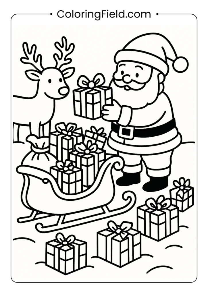 Santa loading presents into sleigh coloring page with reindeer waiting