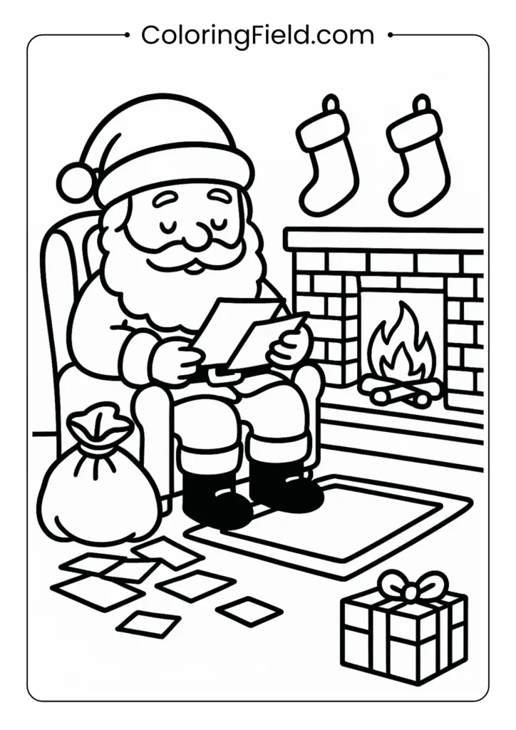 Santa reading children's letters by fireplace coloring page