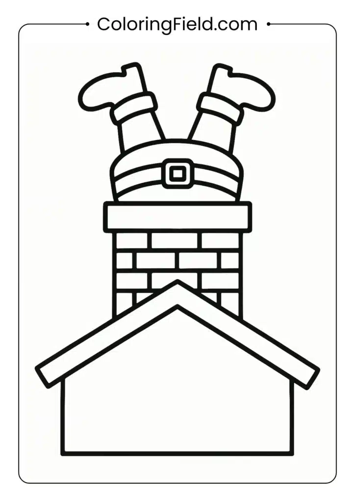 Santa climbing down chimney coloring page with house outline