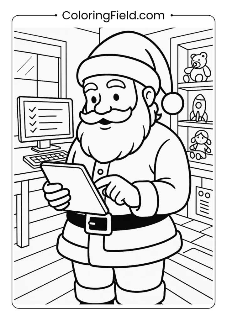 Modern Santa using tablet coloring page blending traditional and contemporary elements