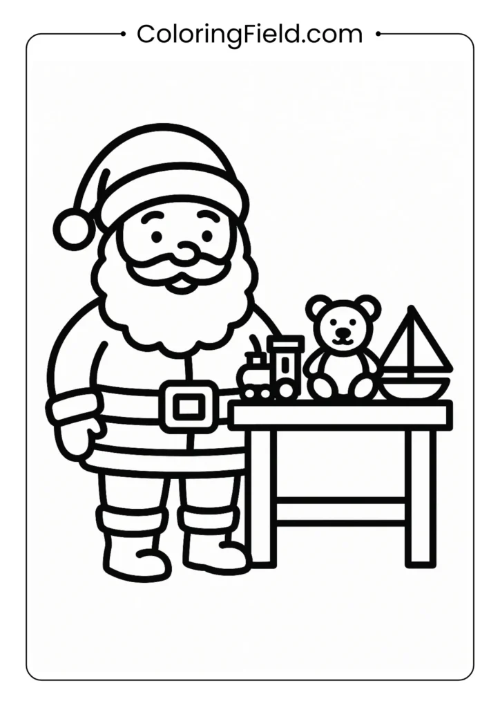 Santa at workbench coloring page with toys for preschoolers