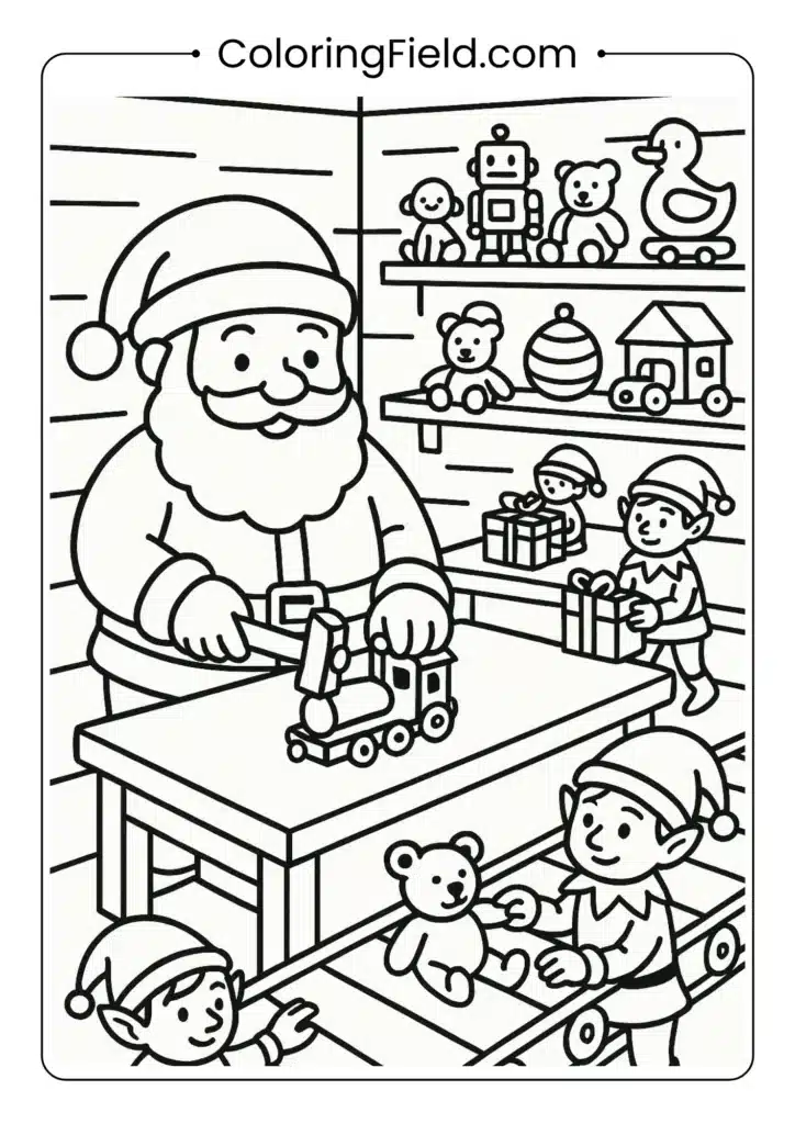 Detailed Santa workshop coloring page with elves and toys for kids
