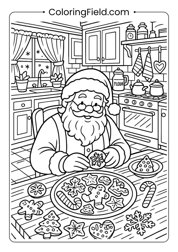 Santa eating cookies in kitchen coloring page with Mrs. Claus's detailed kitchen background