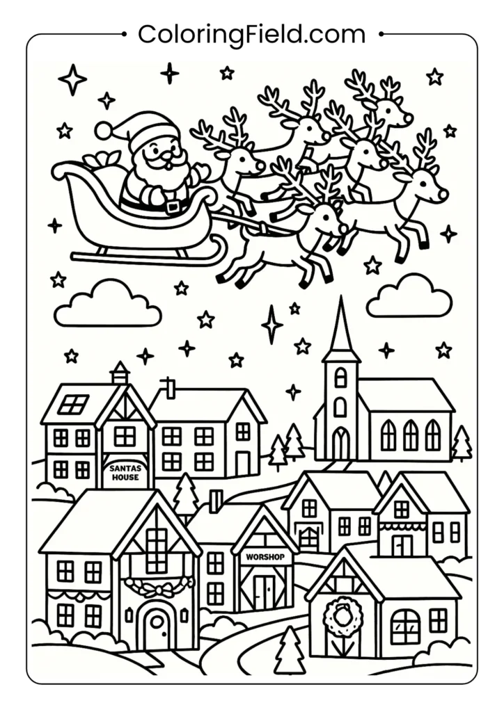 Santa flying over city coloring page with all nine reindeer and detailed buildings