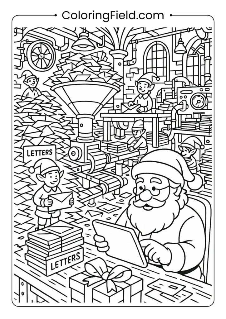 Complex Santa mail room coloring page with elf postal workers and sorting machines