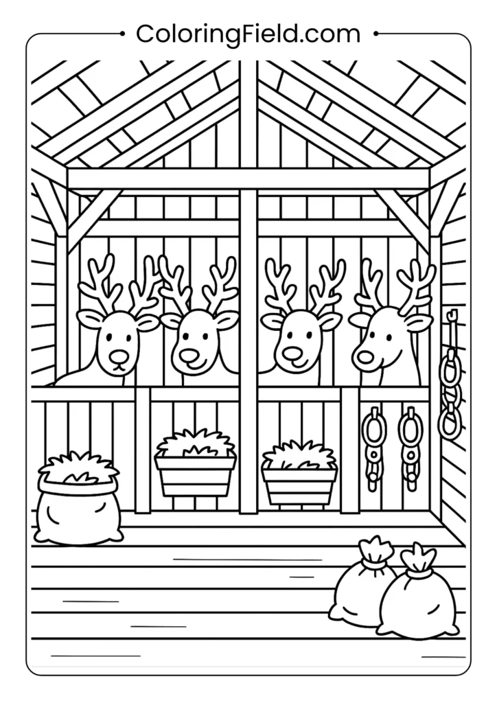 Detailed reindeer stable interior coloring page with individual stalls and equipment