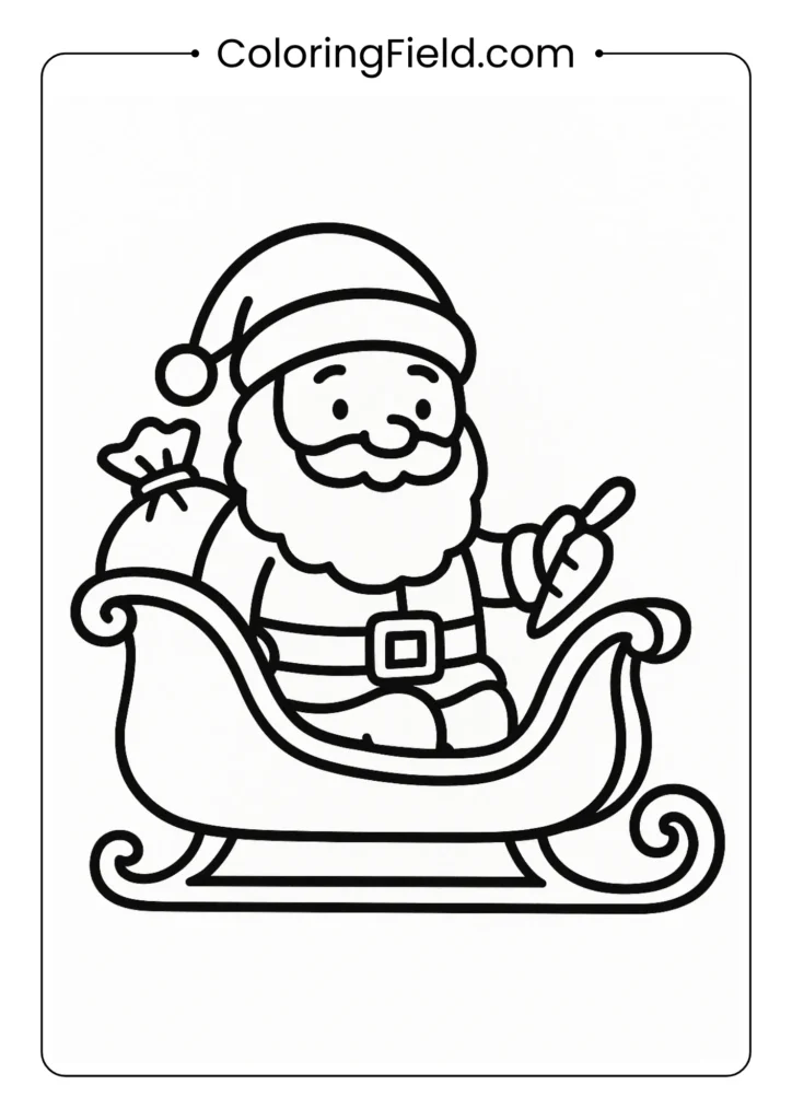 Santa in sleigh coloring page with gift bag for kids ages 3-5