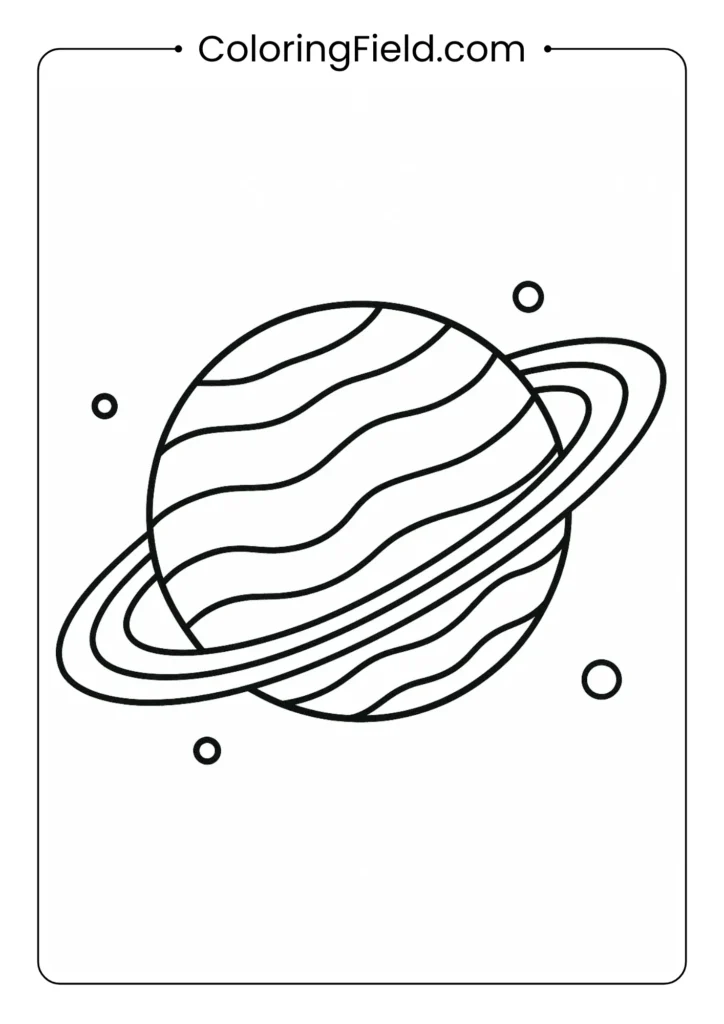 Saturn with detailed rings and moons in coloring book style outline
