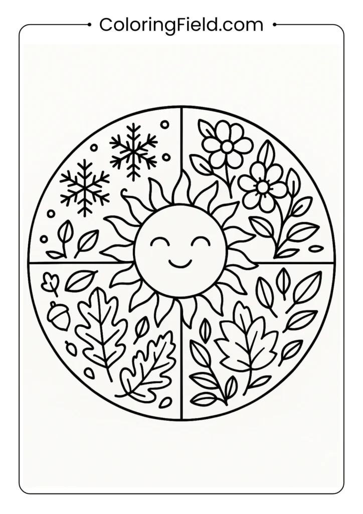 Circular seasonal mandala with spring flowers, summer sun, autumn leaves and winter snowflakes